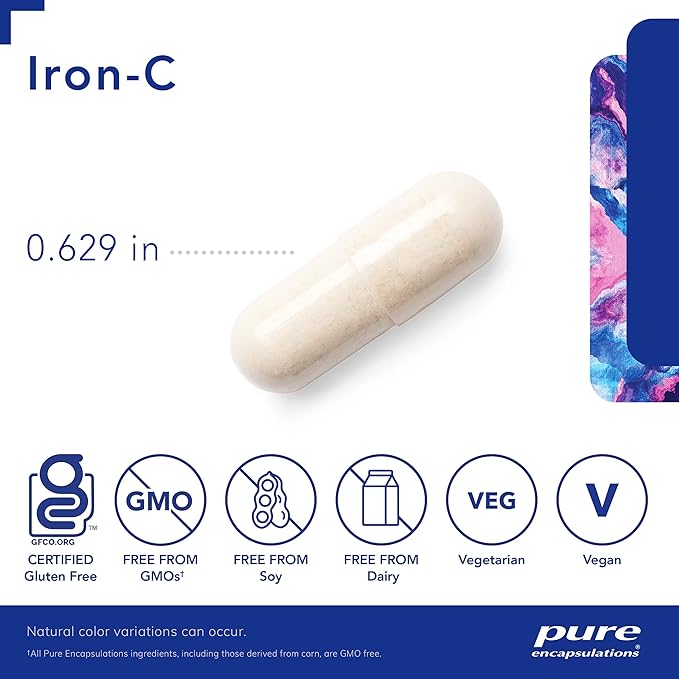Pure Encapsulations Iron-C - 15 mg Iron - 175 mg Vitamin C - Red Blood Cell Support* - Energy Production - Highly Bioavailable Iron Pill - Gluten Free & Vegan - 60 Capsules