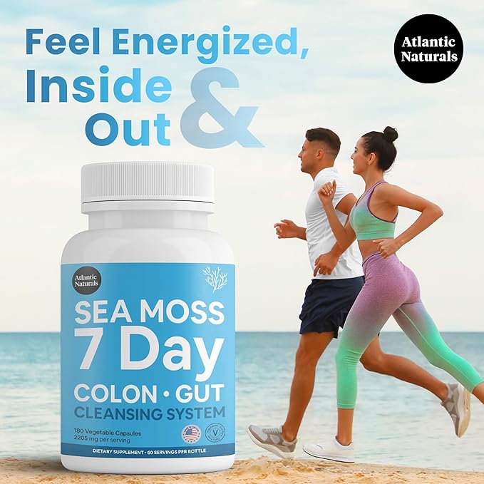 Atlantic Naturals - Sea Moss 7-Day Cleanse Colon & Gut Detox Capsule - Juice Cleanse Support with Psyllium Husk Senna Powder - Body Cleanse and Detox for Women & Men - 180 Sea Moss Capsules