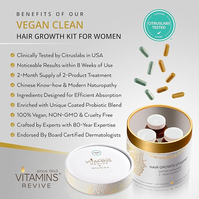 VITAMINS REVIVE Hair Supplement Hair Growth Vitamins for Women - USA Clinically Tested - Hair Loss Products for Thinning & Thickening - Female Hair Regrowth Treatment (2 Month Supply)