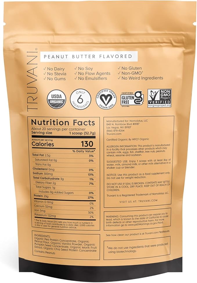Truvani Vegan Pea Protein Powder | Peanut Butter | 20g Organic Plant Based Protein | 20 Servings | Keto | Gluten & Dairy Free | Low Carb | No Added Sugar