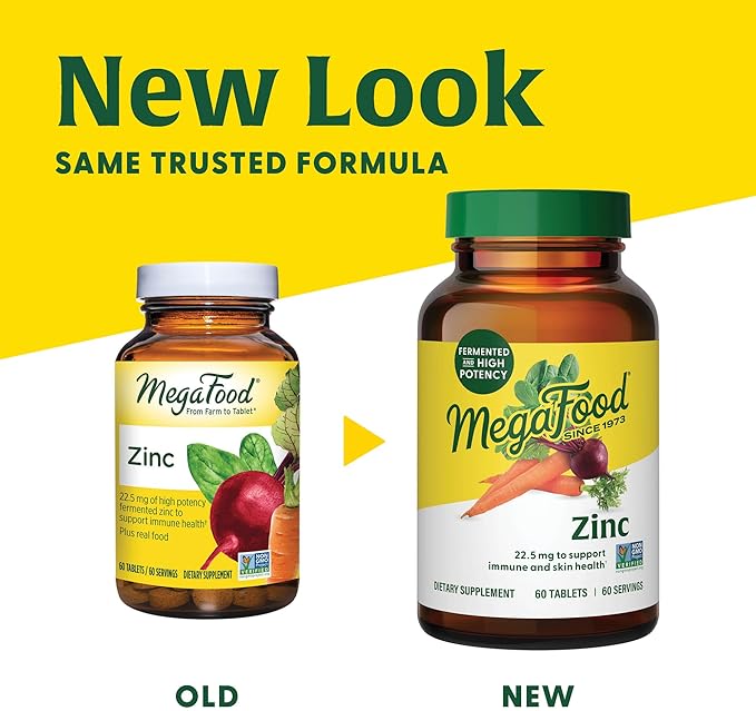 MegaFood Zinc Supplements - Vegan Immune Support Supplement with 22.5 mg High Potency Fermented Zinc - Made with Real Food - Gluten-Free, Kosher - 120 Tablets, 120 Servings