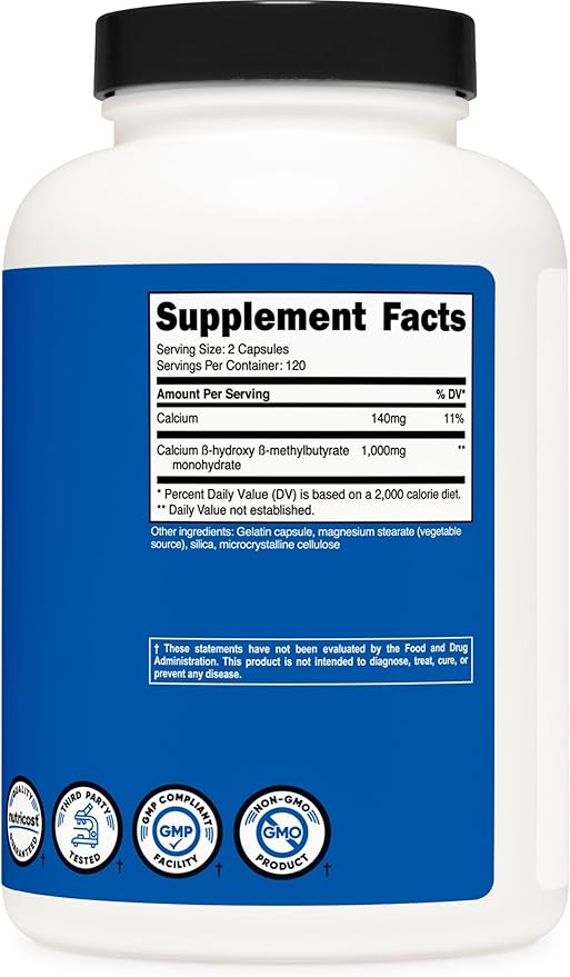 Nutricost HMB (Beta-Hydroxy Beta-Methylbutyrate) 1000mg (240 Capsules) - 500mg Per Capsule, 120 Servings - Gluten Free and Non-GMO