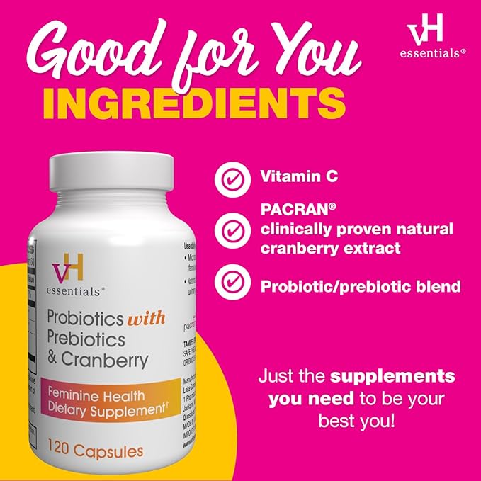 vH essentials Probiotics with Prebiotics and Cranberry Feminine Health Supplement - 120 Capsules