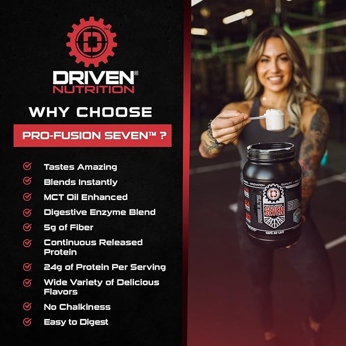 Driven Pro Fusion 7 Meal Replacement Powder - Men & Women, 3 lbs - 24g Protein Per Serving, Digestive Enzymes & MCT Oil - Gluten-Free - On-The-Go Energy & Supports Muscle Mass - Banana Milkshake