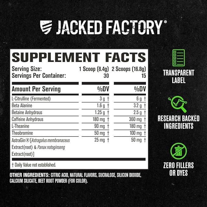 Jacked Factory NITROSURGE Pre Workout Supplement - Endless Energy, Instant Strength Gains, Clear Focus, Intense Pumps - NO Booster & Preworkout Powder with Beta Alanine - 30 Servings, Cherry Limeade