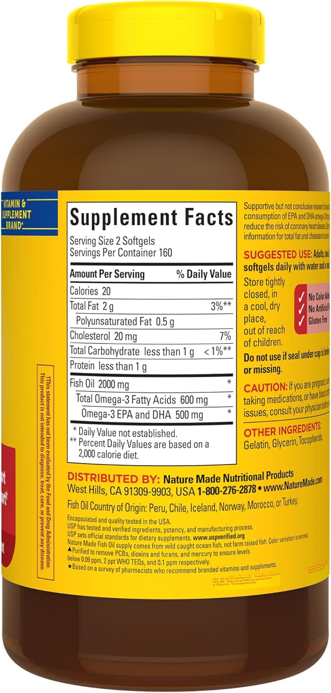 Nature Made Fish Oil 1000 mg Softgels, Fish Oil Supplements, Omega 3 Fish Oil for Healthy Heart Support, Omega 3 Supplement with 320 Softgels, 160 Day Supply