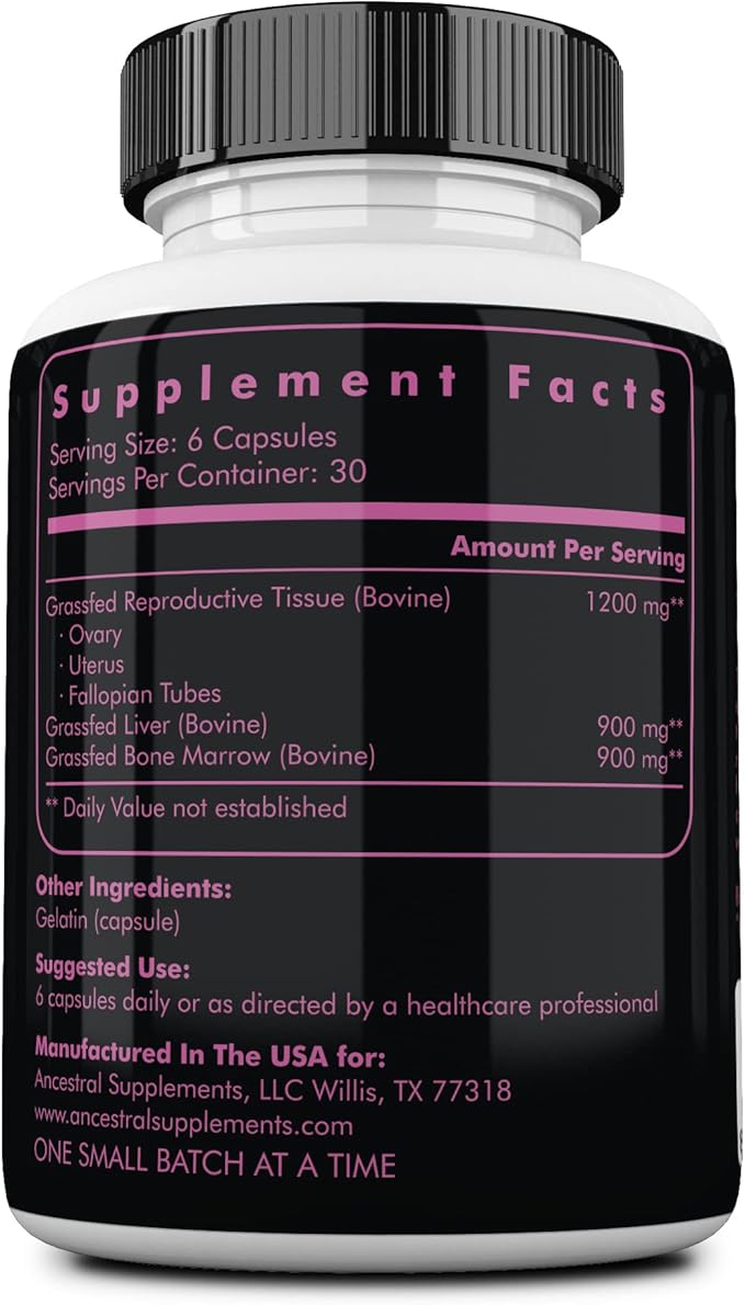 Ancestral Supplements Grass Fed FEM Liver Supplement for Women with Collagen, CoQ10, Vitamin B12, Joint Support Bone Marrow Capsules for Energy, Immunity, Pasture Raised, NonGMO, 500mg Each, 180 Count