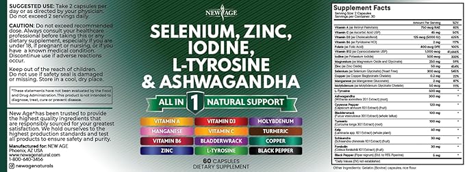 NEW AGE Selenium, Zinc, Iodine, L Tyrosine, Ashwagandha - Supplement for Women and Men with Bladderwrack, Turmeric, Silica Kelp, Schisandra - 120 Count