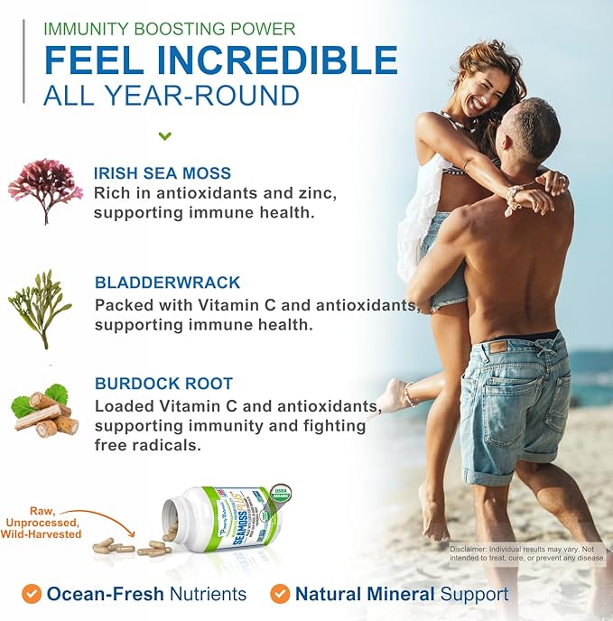 Power By Naturals Sea Moss Plus - USDA Organic Irish Sea Moss Capsules w/Wild Harvested Irish Seamoss, Bladderwrack & Burdock Root Immunity Supplement Sea Moss Pills for Adult 60Ct - 1 Pack