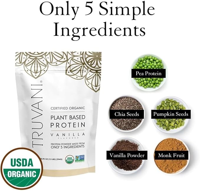Truvani Vegan Pea Protein Powder | Vanilla | 20g Organic Plant Based Protein | 18 Servings | Keto | Gluten & Dairy Free | Low Carb | No Added Sugar