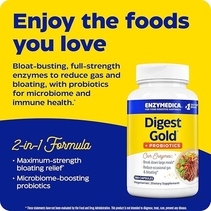 Enzymedica Digest Gold + Probiotics, 2-in-1 Formula for Gut Health, Digestive Enzymes & 1.5 Billion Active Probiotic Cultures, 180 Count