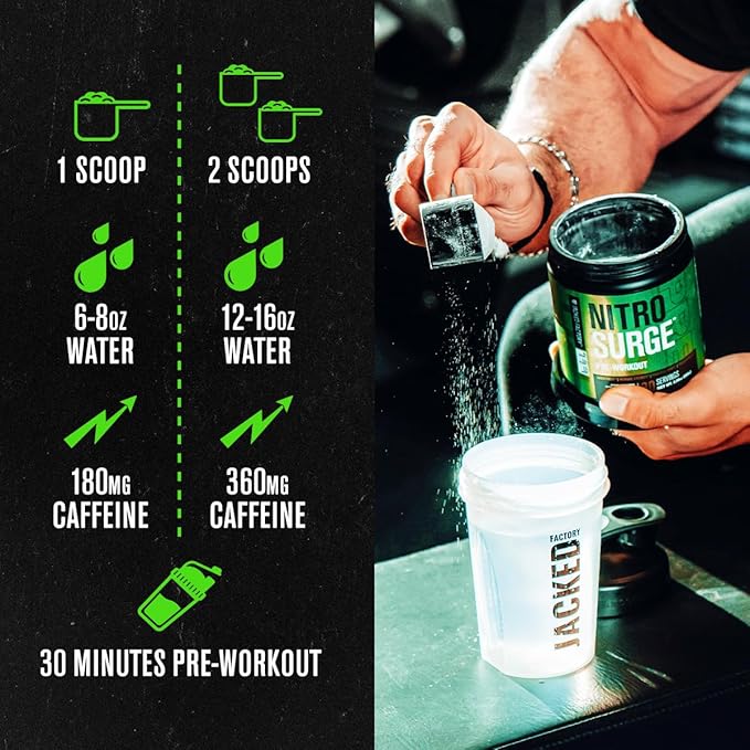 Jacked Factory NITROSURGE Pre Workout Supplement - Endless Energy, Instant Strength Gains, Clear Focus, Intense Pumps - NO Booster & Powerful Preworkout Energy Powder - 30 Servings, Green Apple