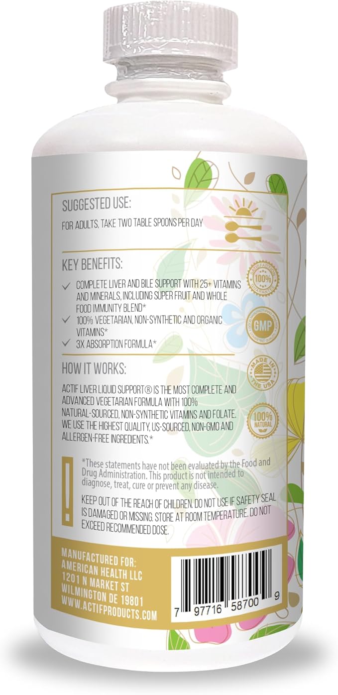 Actif Liver Mega Liquid Support - Complete Liver and Bile Maximum Strength Supplement, Non-GMO, Made in USA, 32oz