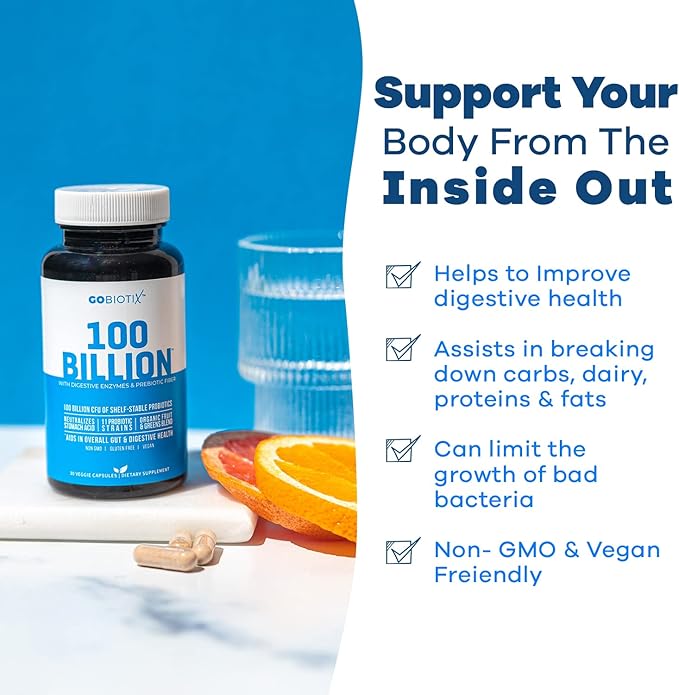 GOBIOTIX 100 Billion - Probiotics and Prebiotics Supplement Pills - Digestive Enzymes and Prebiotic Fiber Blend - 100 Billion CFU - Organic Fruit and Greens Blend - Vegan, Non GMO - 30 Capsules