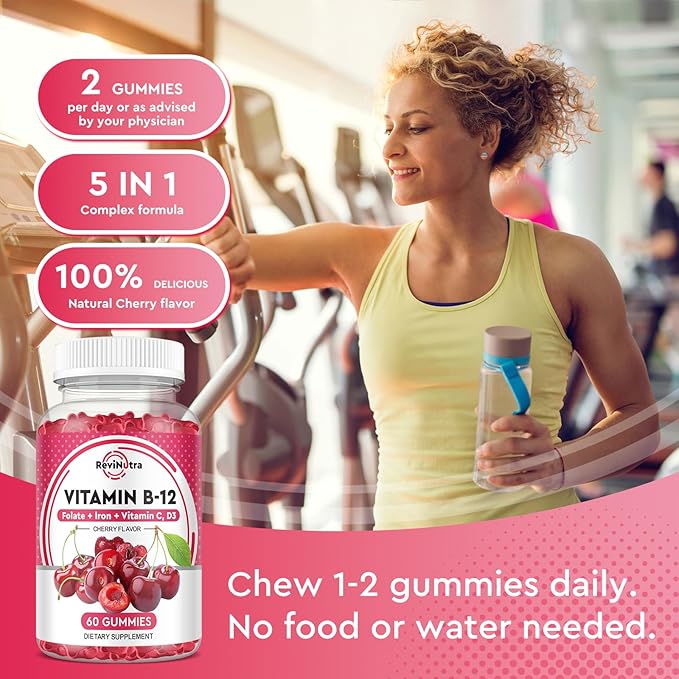 Vitamin B12 Gummies - 5000 mcg Methylcobalamin with Iron, Vitamin C, D3 & Folate, Energy Support and Metabolism, Immune, B-12 Complex Chewable Supplement for Men & Women, 120 Count, 2 Pack