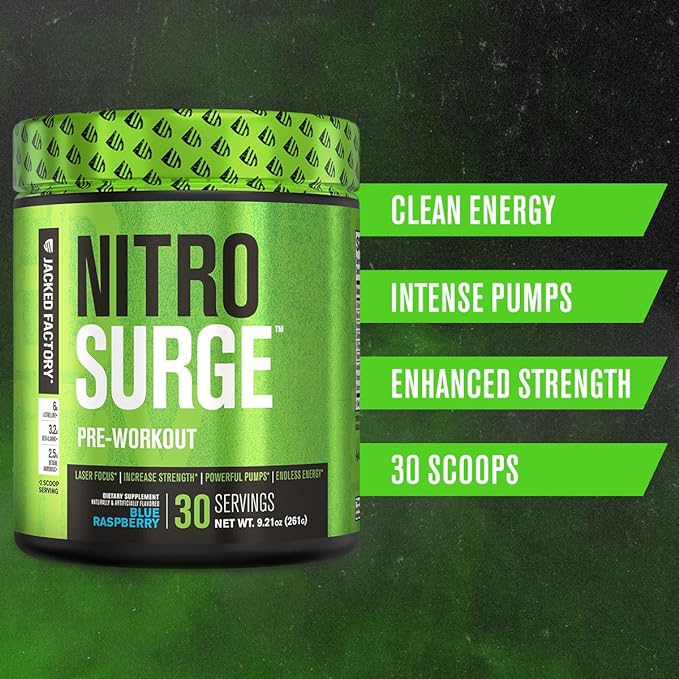 Jacked Factory NITROSURGE Pre Workout Supplement - Endless Energy, Instant Strength Gains, Clear Focus, Intense Pumps - NO Booster & Powerful Preworkout Energy Powder - 30 Servings, Arctic White