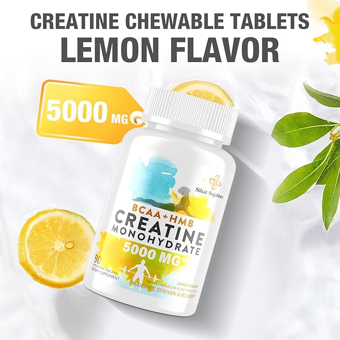 8-in-1 Creatine Monohydrate with BCAA & HMB, 5000 mg for Men & Women, Creatine Chews for Muscle, Recovery, Endurance & Strength, High Absorption, Lemon Flavor, Sugar-Free, 90 Tablets