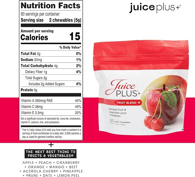 Juice Plus+ Fruit Blend Soft Chews (Chewables) - Boost Your Nutrition with 11 Fruits & Plant Ingredients - Vegan Gummy for Kids & Adults - Vitamins, Whole Food Nutrition - 1 Pouch (30 Adult Servings)