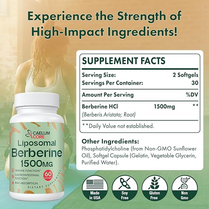 Liposomal Berberine HCL - Berberine 1500mg Activates AMPK & GLP-1, High Bioavailability Berberines Supplement for Women and Men, Berberine Plus Overall Health Support (1 Pack)