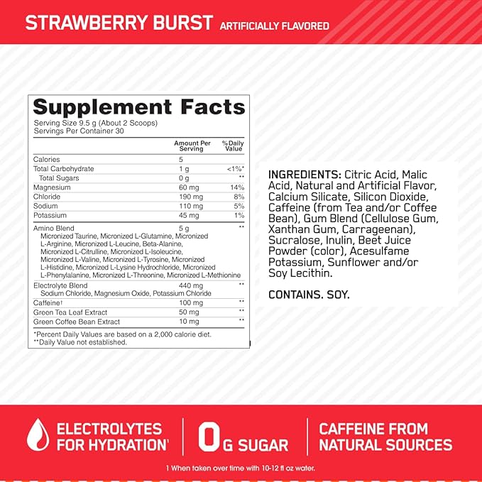 Optimum Nutrition Amino Energy Powder Plus Hydration, with BCAA, Electrolytes, and Caffeine, Strawberry Burst, 30 Servings (Packaging May Vary)