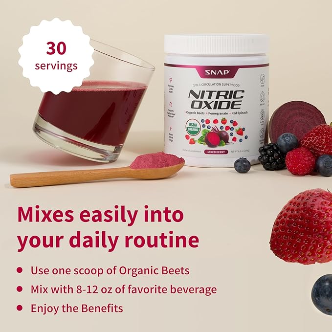 Snap Supplements USDA Organic Beet Root Powder, 3-in-1 Nitric Oxide Supplement, Support Healthy Blood Pressure and Blood Circulation, 250g (Mixed Berry)