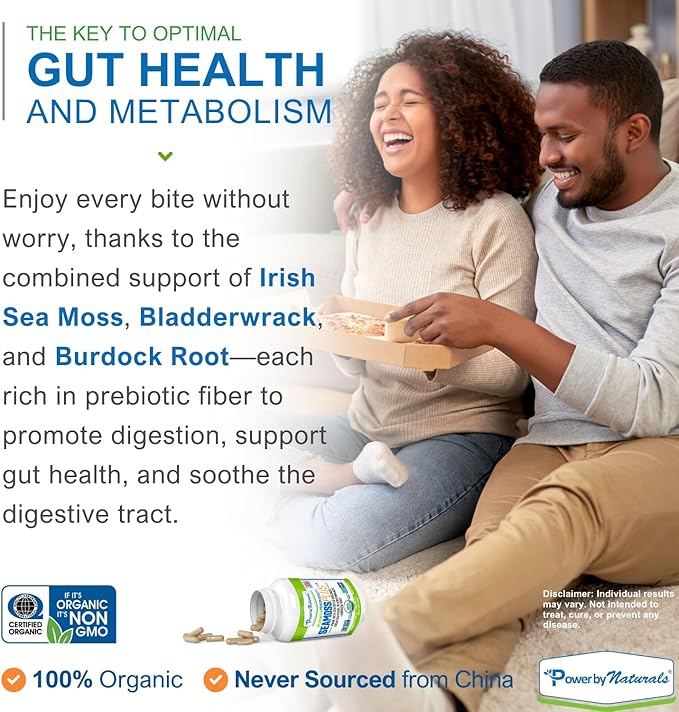 Power By Naturals Sea Moss Plus - USDA Organic Irish Sea Moss Capsules w/Wild Harvested Irish Seamoss, Bladderwrack & Burdock Root Immunity Supplement Sea Moss Pills for Adult 60Ct - 1 Pack