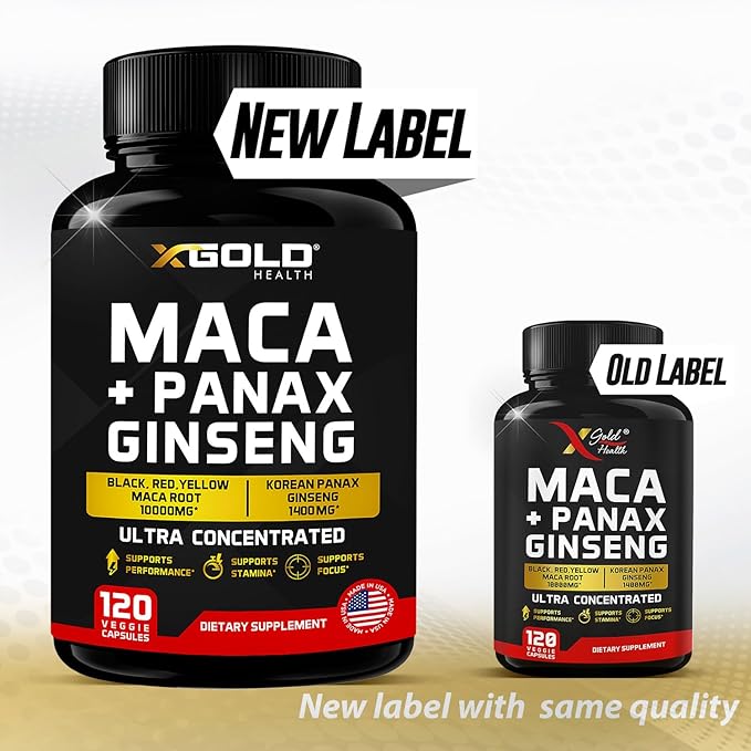 Maca Root Capsules 10,000mg + Korean Panax Ginseng 1,400mg - 20x Concentrated Extract Black + Red + Yellow Maca Root, 10x Concentrated Extract Panax Ginseng Capsules - Ultra Potent & Highly Purified