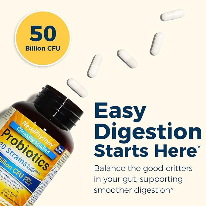 NewRhythm Probiotics 50 Billion CFU 20 Strains, 60 Veggie Capsules, Targeted Release Technology, Stomach Acid Resistant, No Need for Refrigeration, Non-GMO, Gluten Free