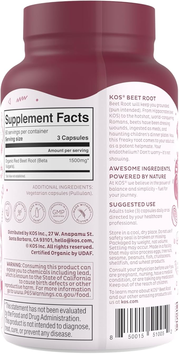 KOS Organic Beet Root Capsules 1500mg - Superfood Powder - Supports Healthy & Active Lifestyle - 180 Capsules