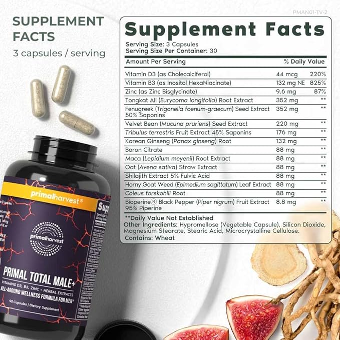 Primal Harvest 2 Pack, Primal Total Male Natural Tribulus Terrestris, Fenugreek, Korean Ginseng, Maca Root Horny Goat Weed for Men Booster, Max Boost 90 Capsules