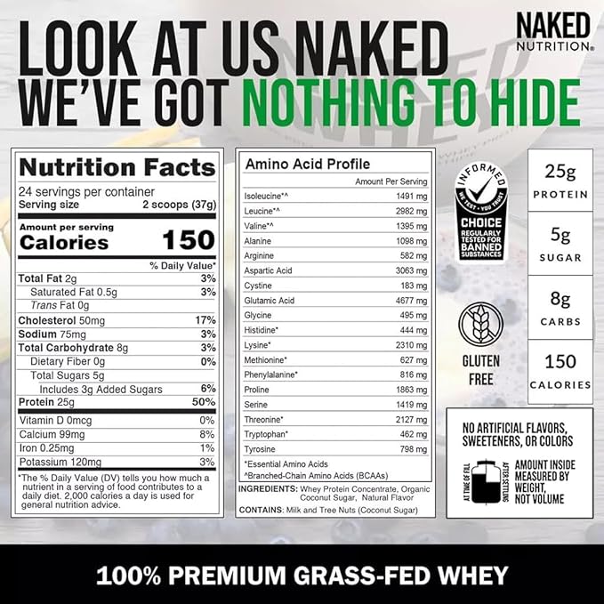 Naked Whey Vanilla Protein Powder - Only 3 Ingredients - Grass Fed Whey Protein Powder, Vanilla Flavor, and Organic Coconut Sugar, No GMO, No Soy, and Gluten Free - 24 Servings