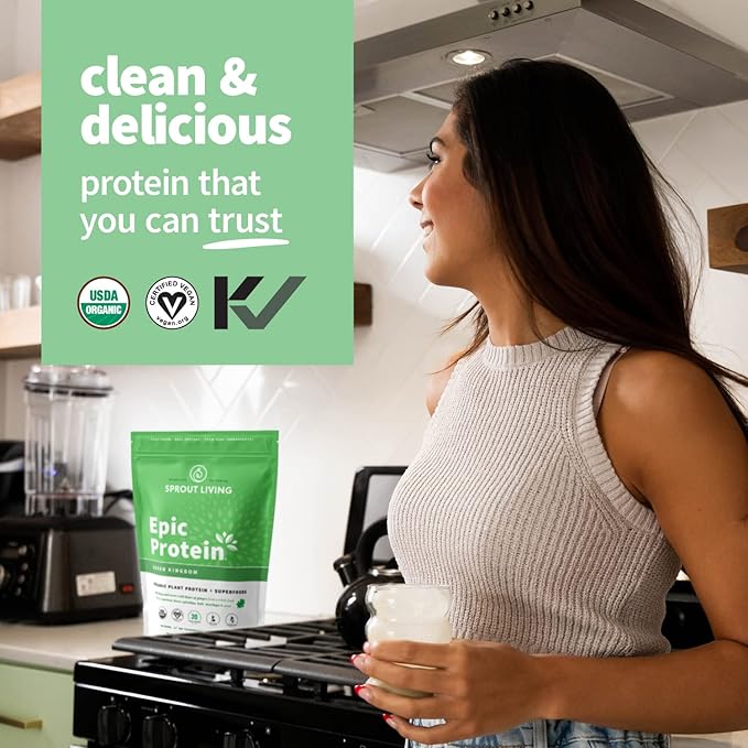 Sprout Living Epic Protein, Plant Based Protein & Superfoods Powder, Green Kingdom | 20 Grams Organic Protein Powder, Greens, Vegan, Non Dairy, Non-GMO, Gluten Free, Low Sugar (2 Pound, 24 Servings)
