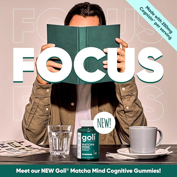 Goli Matcha Mind Gummies - 60 Count - Green Tea Leaves Powder with Cognizin for Focus, Attention and Brain Health, Vegan, Non-GMO, Gluten-Free & Gelatin Free.