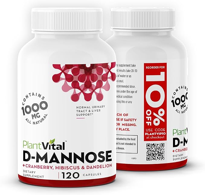 Plantvital D Mannose Capsules with Cranberry - D-mannose 1000mg Capsules - High Potency for Bladder, Kidney and Urinary Tract Support. Cranberry Powder with Hibiscus and Dandelion. 2 Months Supply