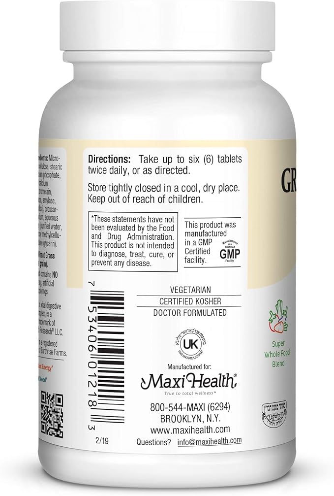 Maxi Health Green Vitality - Green Superfood - Energy and Mood Formula - 180 Tablets - Kosher