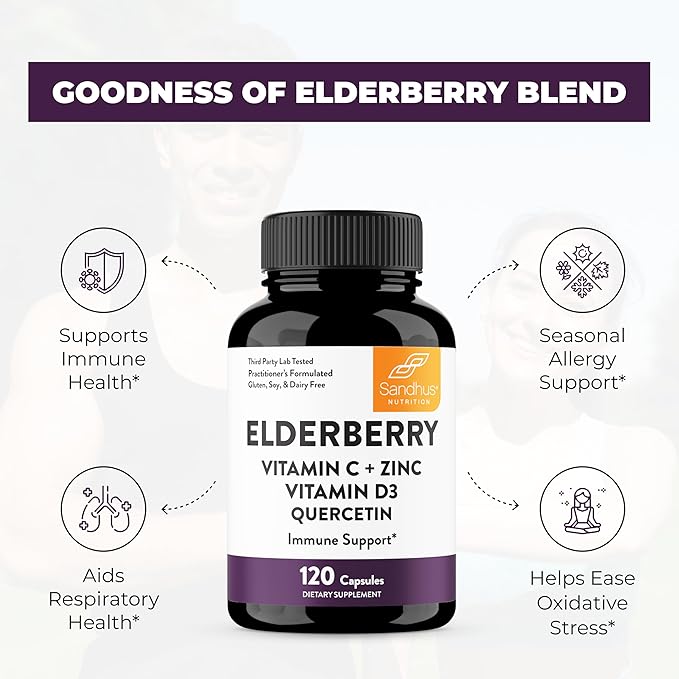 Elderberry Vitamin C and Zinc 120 Capsules | with Quercetin and Vitamin D3 | Immune Support for Adults | Herbal Supplement for Men and Women | 2 Months Supply | Natural Immunity Booster