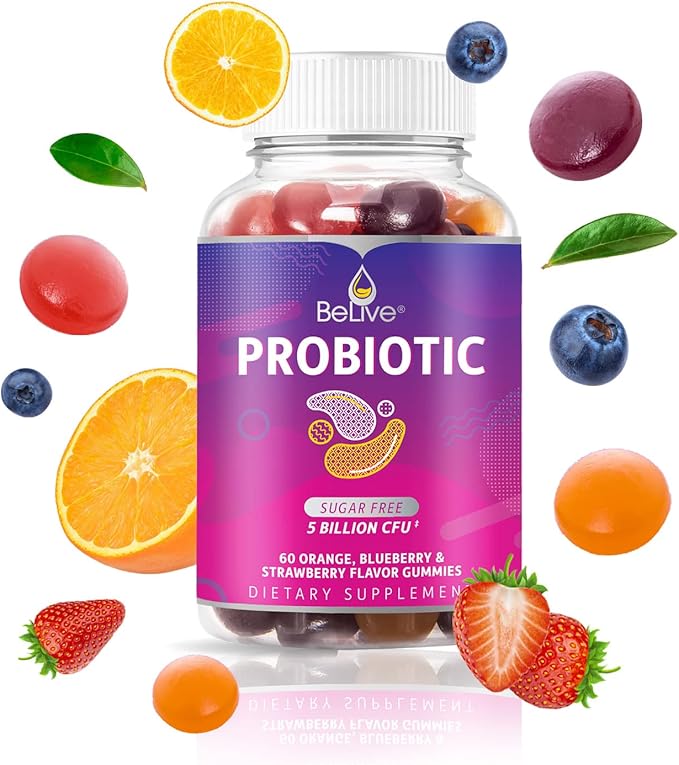 BeLive Probiotic Gummies - Probiotics with 5 Billion CFUs for Digestive Health, Men, Women & Kids Probiotic Supplements for Immune Support, Sugar Free & Vegan – Blueberry, Strawberry & Orange | 3-Pack