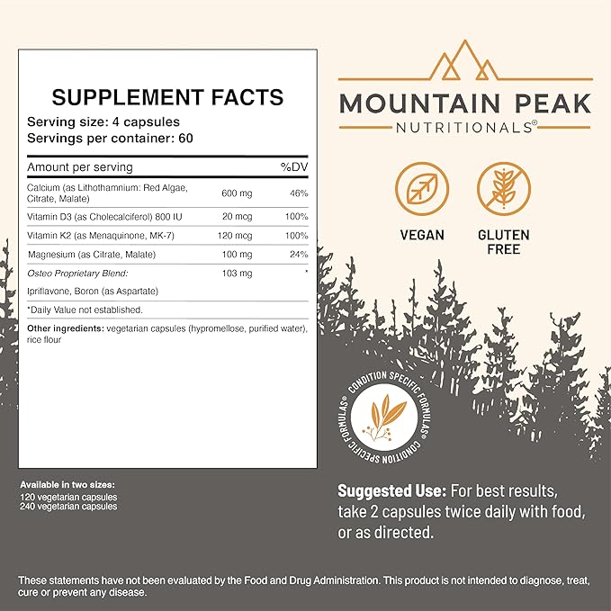 Mountain Peak Nutritionals Osteo Supplement - Organ & Strong Bone Support, Promotes Bone Health - With Vitamins D3, K2, Calcium, and Magnesium - Bone Building & Strengthening (240 Vegetarian Capsules)