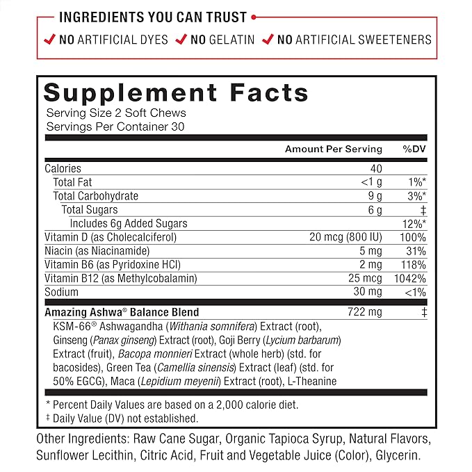 FORCE FACTOR Amazing Ashwa for Stress Relief, Memory, Focus, and Immune Support Health, Ashwaganda Supplement with KSM-66 Ashwagandha for Stress, 180 Soft Chews