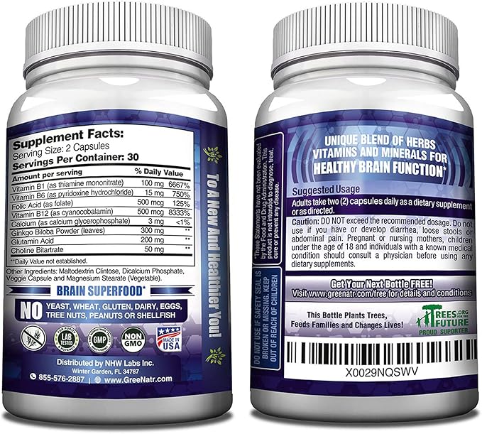 Brain Supplement to Enhance Memory, Energy, Focus, and Clarity with B1, B6, B12 Vitamin, Folic Acid, Calcium and Ginkgo Biloba for Men and Women (12 Bottles)