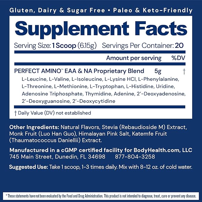 BodyHealth PerfectAmino Powder - BCAA and EAA Powder for Pre and Post Workout - Amino Acid Energy Drink Powder for Men and Women to Support Lean Muscle and Recovery - Chocolate - 20 Servings