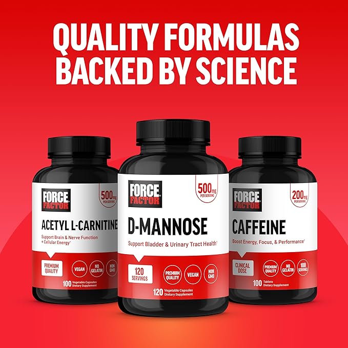 FORCE FACTOR D Mannose, D-Mannose 500mg Supplement to Support Urinary Tract Health for Women and Men, Bladder Control Supplements, Premium Quality, Vegan, Non-GMO, 120 Capsules