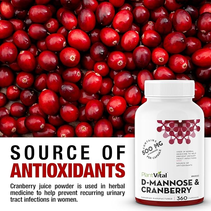 Plantvital D Mannose Capsules with Cranberry - D-mannose 1000mg Capsules - High Potency for Bladder, Kidney and Urinary Tract Support. Cranberry Powder with Hibiscus and Dandelion. 6 Months Supply