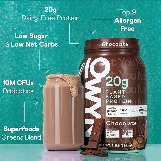 OWYN Only What You Need Vegan Protein Powder, 20g Plant Based Protein, Probiotics, Superfoods Greens, Pea, Chia Seeds, Pumpkin Seed Blend (Chocolate, 2.2 LB)