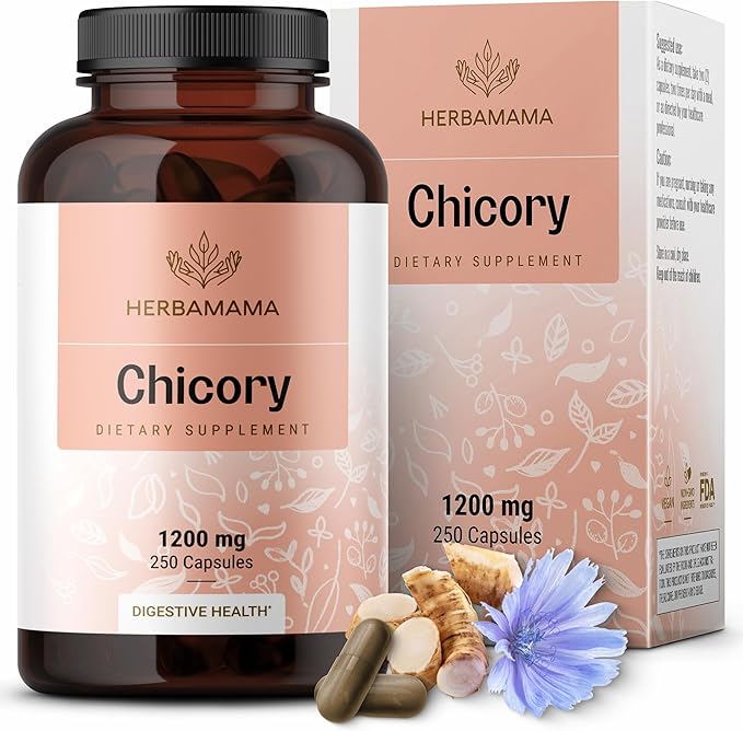 HERBAMAMA Chicory Inulin Capsules - 1200 mg Chicory Root for Digestive Health - Inulin Prebiotic Fiber Gut Cleanse Supplement - Vegan, Non-GMO - 250 Caps