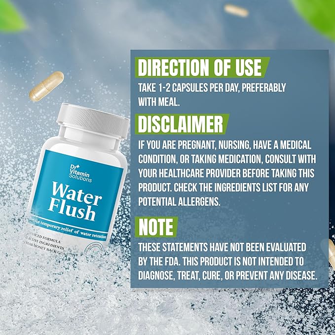 Dr Vitamins Diuretic Water Pills for Weight Control - Instant Natural Relief from Bloat and Swelling - Green Tea, Cranberry, Dandelion Leaf Extract - Water Retention Pills for Women & Men - 120 Caps