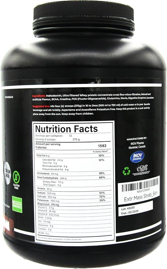 Extreme Mass Weight Gainer Muscle Builder, 10 lbs (4.54 kg) with Less Sugar for Intense Workout Training Made of high Calorie Fortified whey Protein
