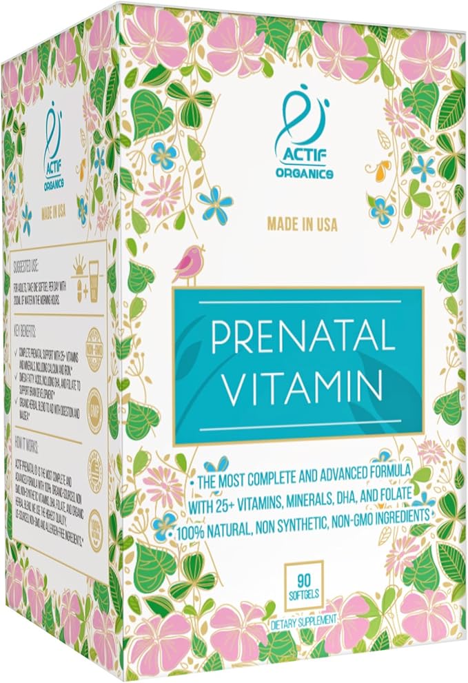 ACTIF Organic Prenatal Vitamin with 30+ Organic Vitamins, 100% Natural, DHA, EPA, Omega 3, and Organic Herbal Blend - Non-GMO, 90 Count, 2024 Formula