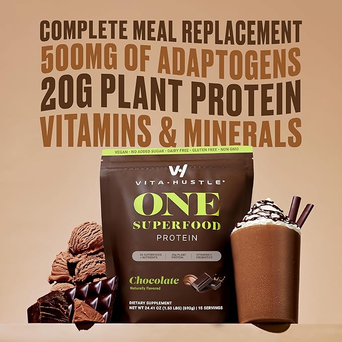 VitaHustle ONE - Superfood Meal Replacement Powder, Plant Based Protein Shake Powder, Vegan. 86 Superfoods, Vitamins, & Minerals, Ashwagandha, Adaptogens. Founded by Kevin Hart. (Chocolate 2-Pack)