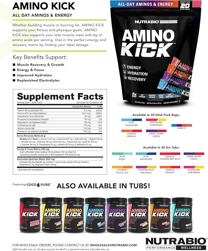 NutraBio Amino Kick - Amino Acid Energy Formula - BCAA's, Electrolytes for Hydration, Natural Caffeine- 30 Servings(Hibiscus Strawberry Buzz)